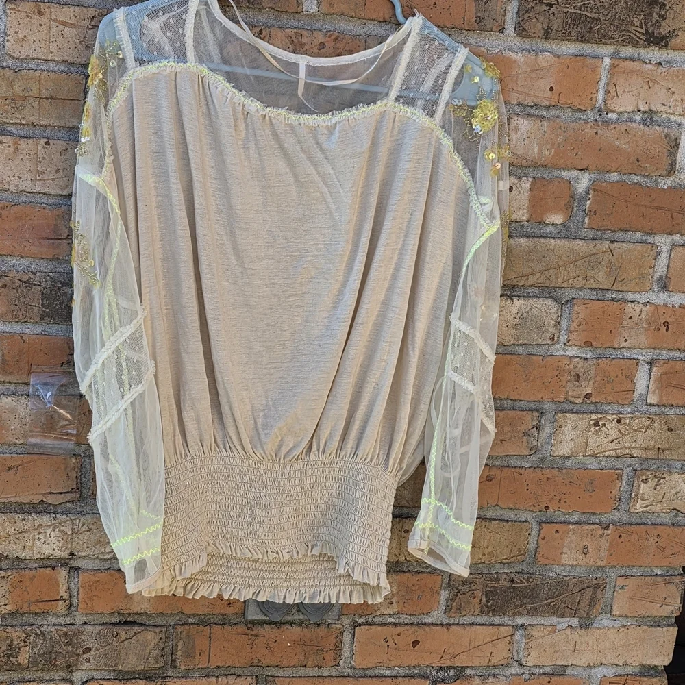 Free People Cream Blouse with Gold Embroidery